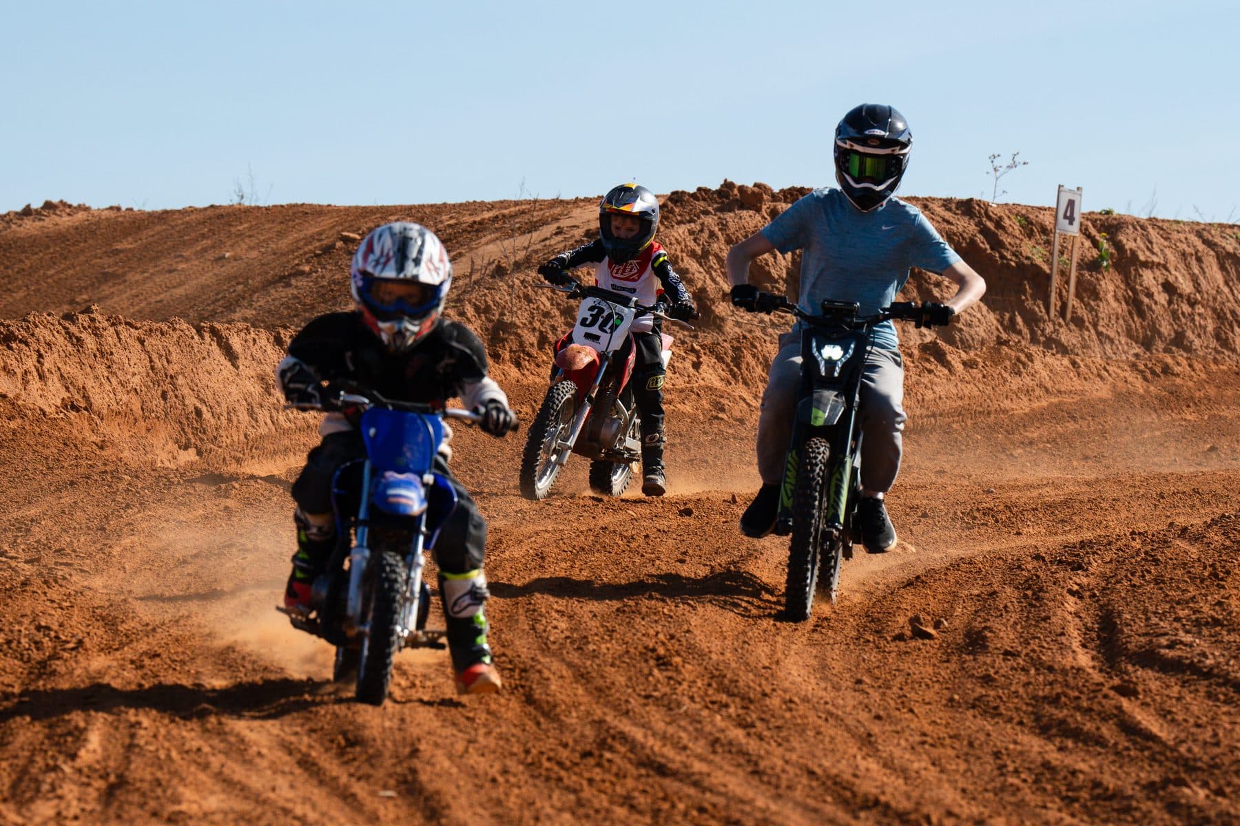 A small group of newer riders rolling together across the Cycle Ranch dirt track